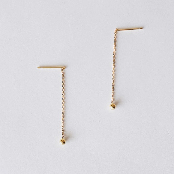 Bead Stud with Bar Chain Earrings - Picture 2 of 5